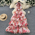 Frenchromantic style v neckhalter floral dress women's summer sleeveless backless layered ruffles cake skirt slimming look