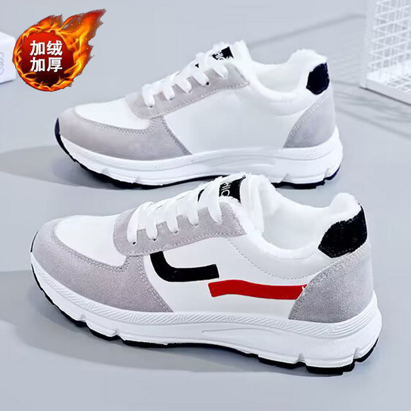 Women's leather sneakers - winter fleece-lined cotton shoes, new versatile casual flats, non-slip waterproof leather running shoes