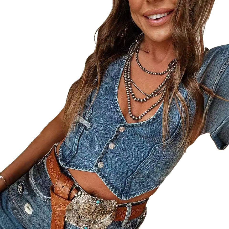 Wish independent station fashion cross-border new style stylish hot girl women's sleeveless single breasted v neck tops denim vest