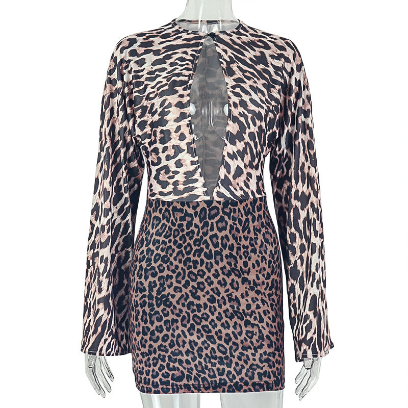 European and american style ins foreign trade fitted women's dress - hollow-out design, sexy a-line, fashionable round neck, long sleeve, short dress