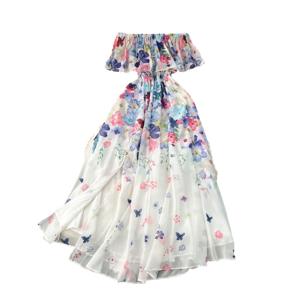2024 new floral collection resort dress - women's ruffle one-shoulder slim-fit maxi chiffon fairy dress