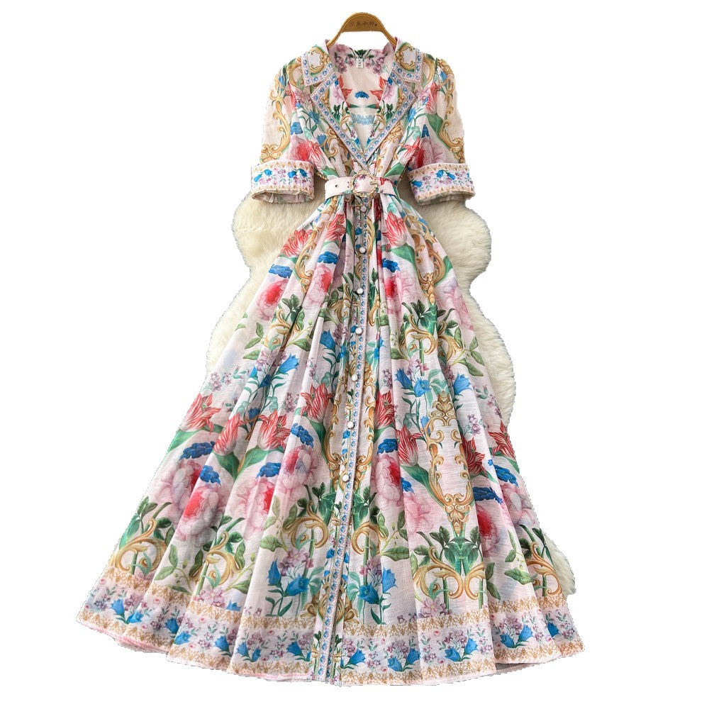 Frenchretro lapel printing short-sleeved dress women's summerv neck waist slimming look a-line long skirt holiday style large skirt