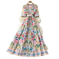 Frenchretro lapel printing short-sleeved dress women's summerv neck waist slimming look a-line long skirt holiday style large skirt