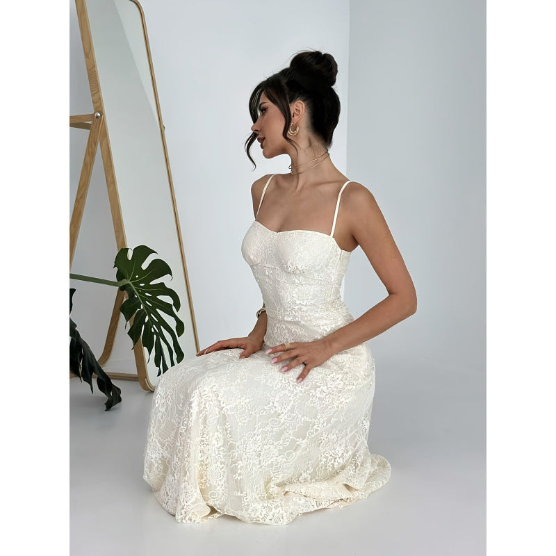 Women's new summer french elegant romantic lace waist a-line slip maxi dress - perfect for dates