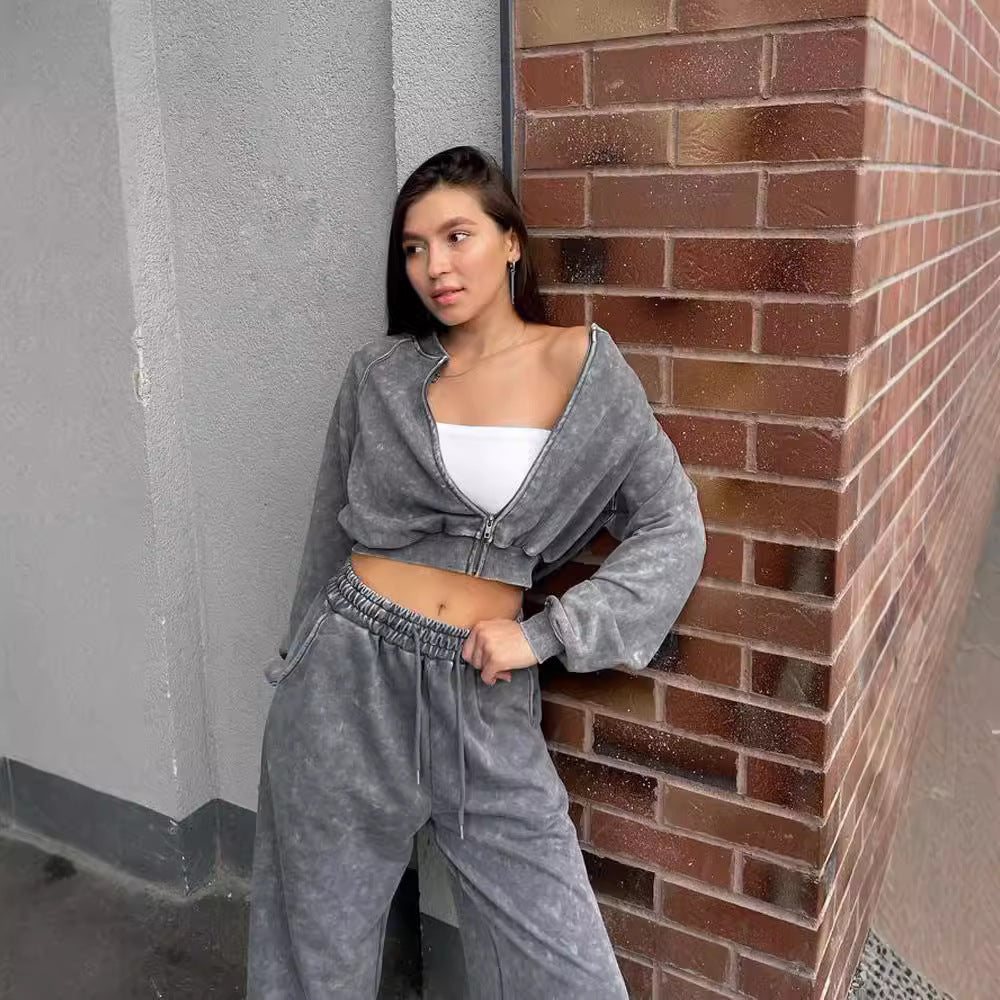 Europe and the United States  fashion women's clothing street navel long-sleeved sweater cardigan trousers set casual jacket lace-up trousers