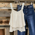 Exportfashion gentle style topsstereo white flower lace shoulder strap double layerloosedraped sleeveless suspender back
