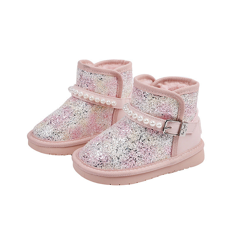 Vancahao girls' fashion sequin & beaded princess snow boots - new  winter collection, fleece-lined and extra thick kids' cotton shoes