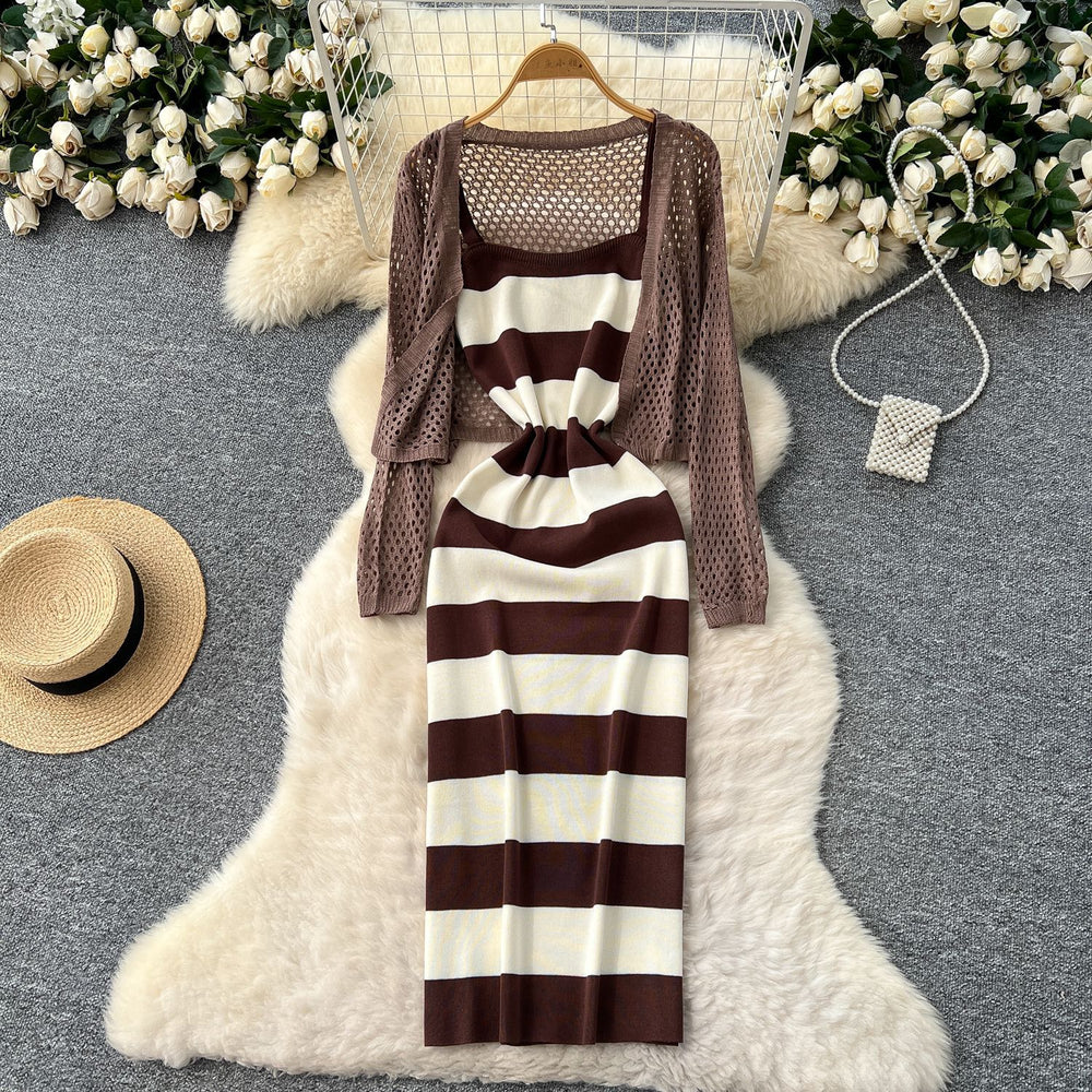 Striped knit cami dress + crochet openwork sun protection cardigan set - chic & elegant summer outfit for women