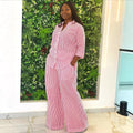 European and american cross-border women's fashion:  summer new collection - stylish and elegant striped v-neck loose-fit shirt and wide-leg pants set