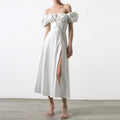 cross-border e-commerce european and american women's clothing: new summer collection - bubble sleeve, high-waisted, slit, solid color vacation dress