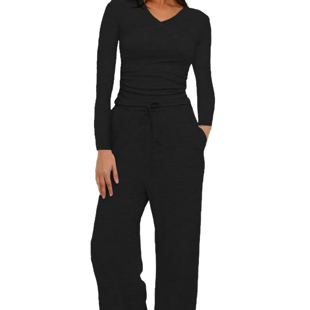 2025 cross-border fashion amazon new product pure color casuallong sleevesv necksuittopshigh waistloose pants shipping