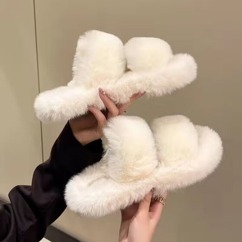 2025 autumn/winter trendy fuzzy slippers - instagrammable, versatile, women's outdoor wear, one-strap mules, chunky platform, criss-cross design