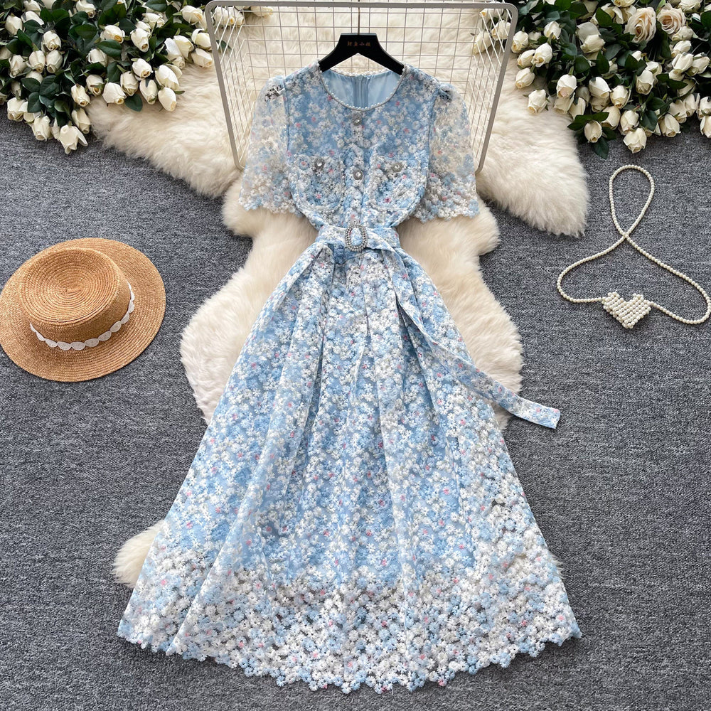 Korean style pink lace hollow-out short sleeve dress - women's summer high-waisted a-line dress - commute-friendly, elegant, and slimming