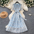 Korean style pink lace hollow-out short sleeve dress - women's summer high-waisted a-line dress - commute-friendly, elegant, and slimming
