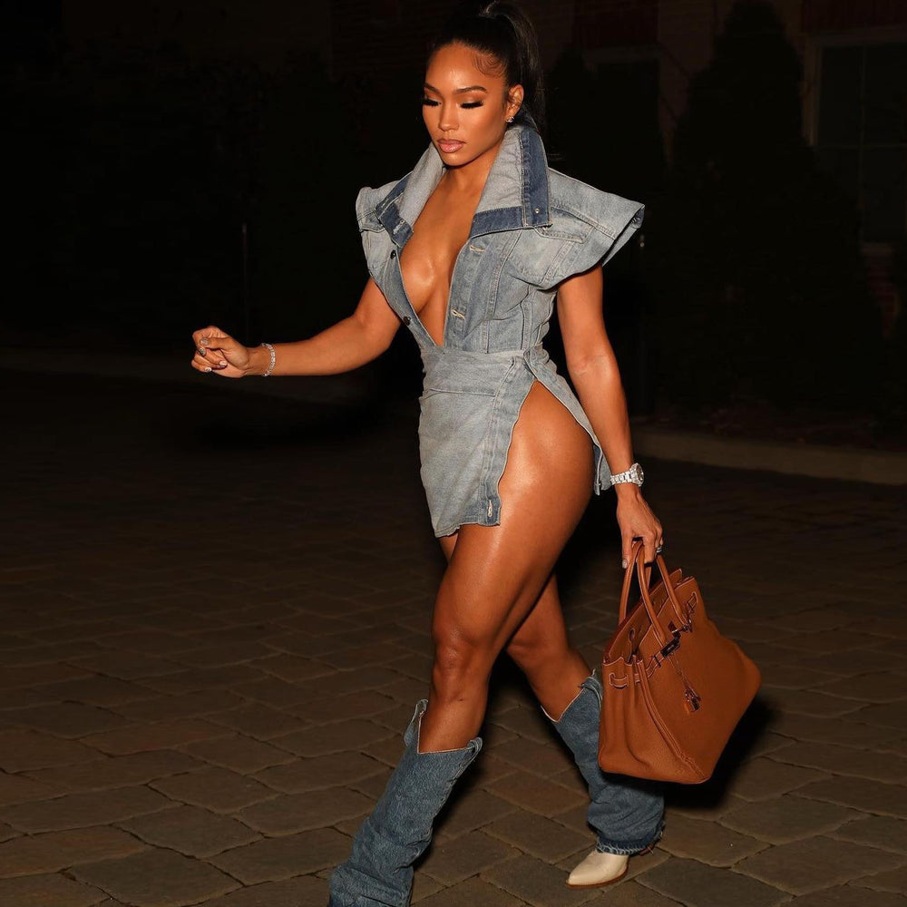 new summer women's outfit: casual street style sleeveless high-slit denim skirt set