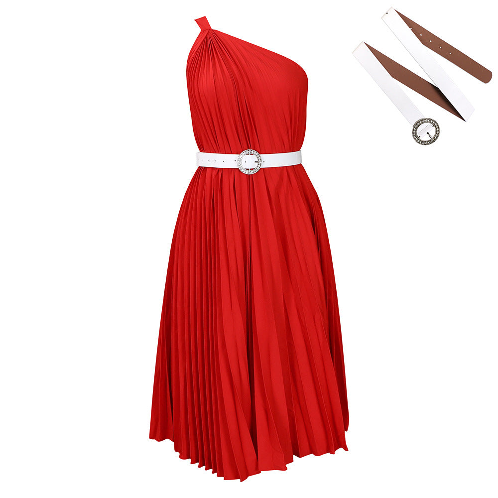 D404 with belt independent station export women's clothing new arrivalfashionelegant slanted shoulder pure color pleated large skirt european and american dress