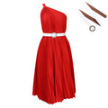 D404 with belt independent station export women's clothing new arrivalfashionelegant slanted shoulder pure color pleated large skirt european and american dress