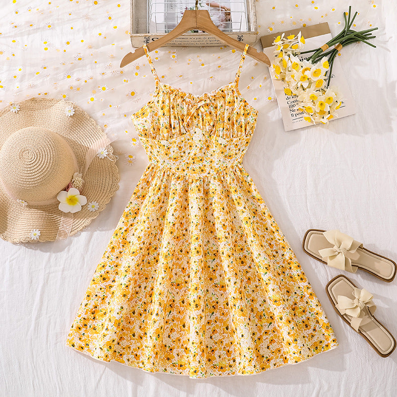 European and american girls' dresses - summer  cross-border  new arrivals - french chic floral bandeau dress with cinched waist and spaghetti straps