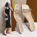 Accessible luxury rhinestone transparent high heel one-strap slippers thick heel outwear square toe sandals