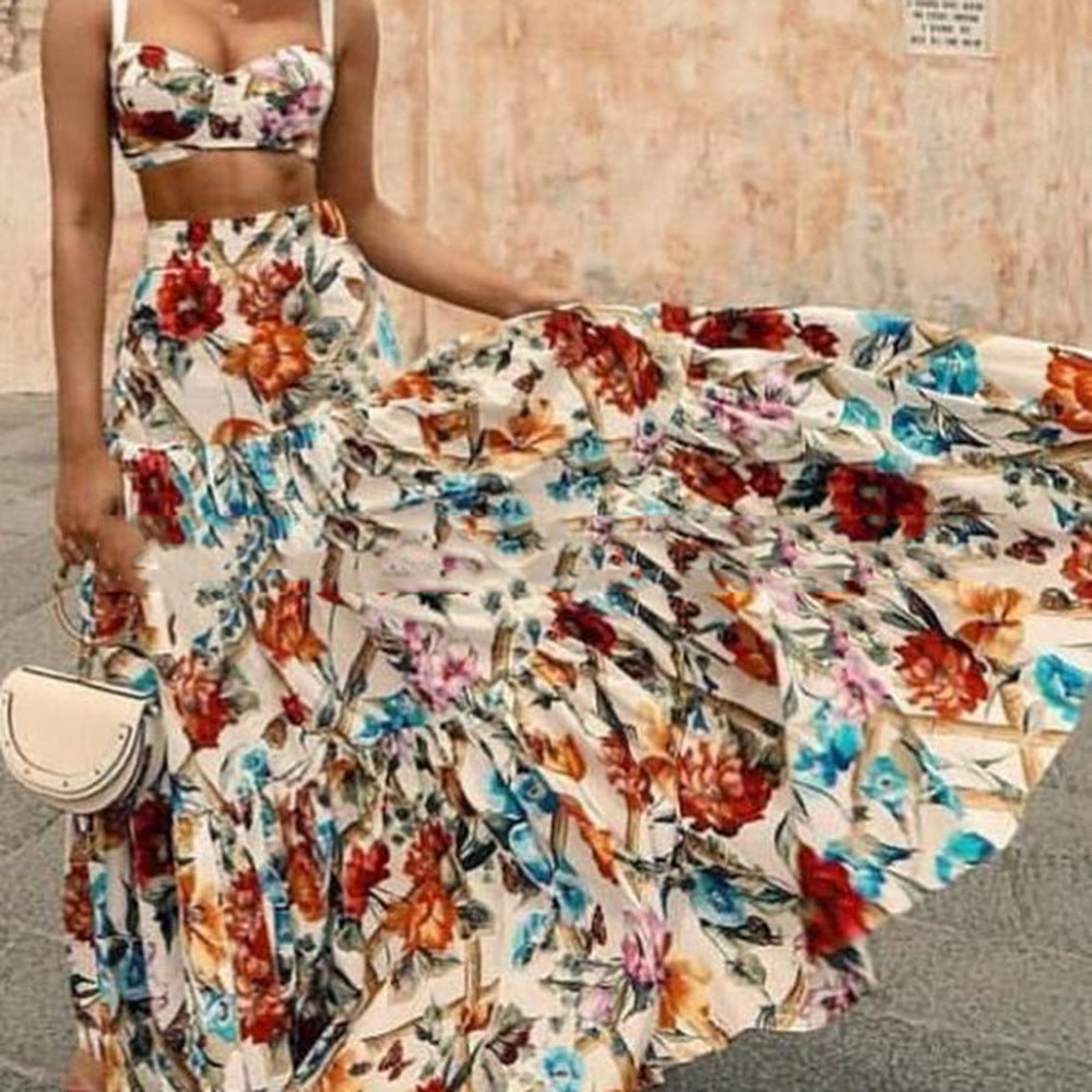 2025 spring/summer new european and american style women's sexy & chic camisole print dress set - beach dress two-piece outfit