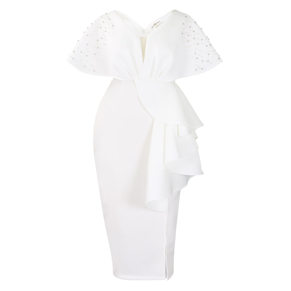 D516  summer sexy v-neck ruffle slit beaded evening gown - elegant socialite style banquet dress