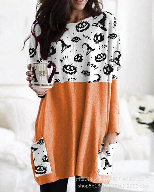 2022  women's clothing European and American crew neck long-sleeved splicing Halloween printed T-shirt top