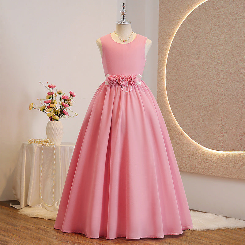 Girls' formal dress - long, round neck, minimalist style - children's evening gown - elegant & chic - birthday party - chiffon - custom made