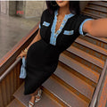 cross-border new women's fashion: european and american style slim-fit denim single-breasted patchwork maxi dress
