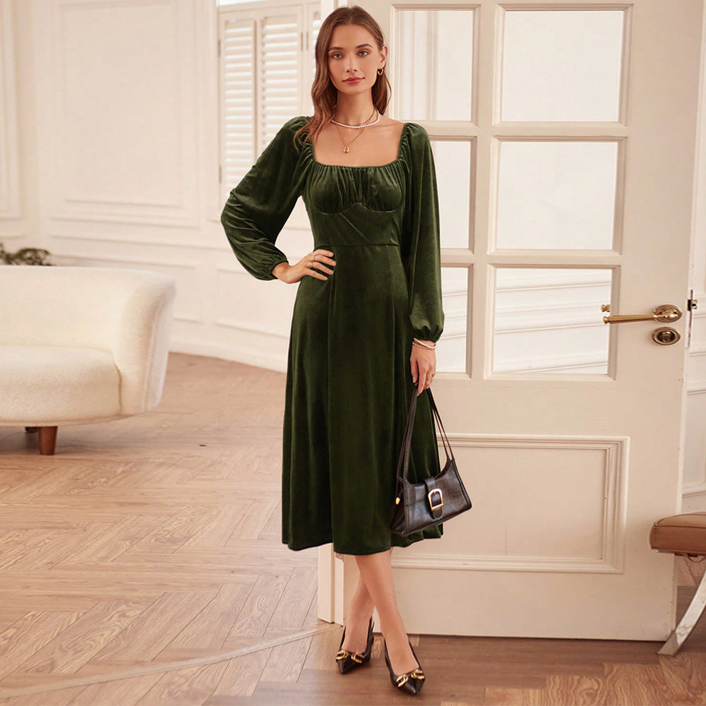 european and american women's clothing  fall/winter new collection: french retro slim-fit square neck a-line long sleeve velvet dress
