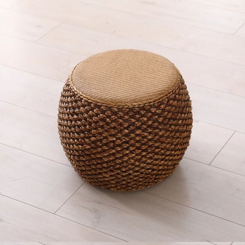 Rattan chinoiserie solid wood straw makeup low drum stool for home living room coffee table shoe changing stool guzheng piano board tall round stool