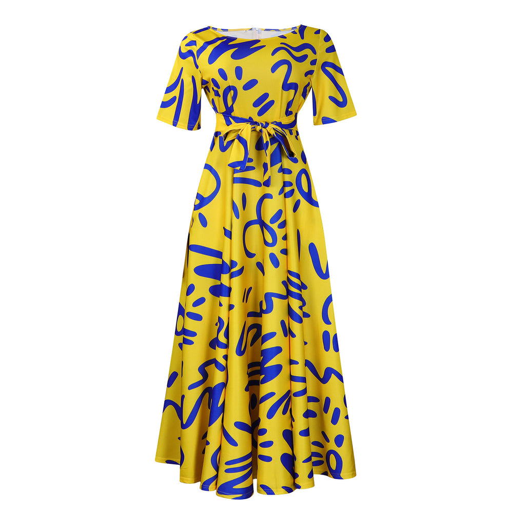 Q125 summer new fashion cross-border  elegant women's tie-up printed plus size european and american style dress