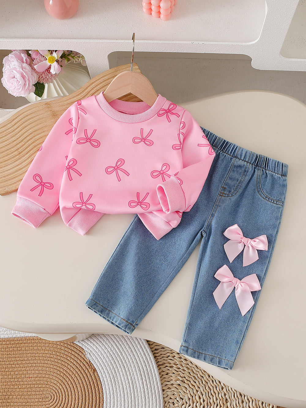 spring/summer newborn & toddler cute crewneck top + bowknot denim pants two-piece set