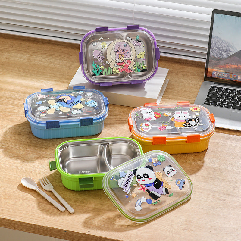304 stainless steel divided lunch box, cartoon bento box, microwaveable, for office workers and students, includes utensils