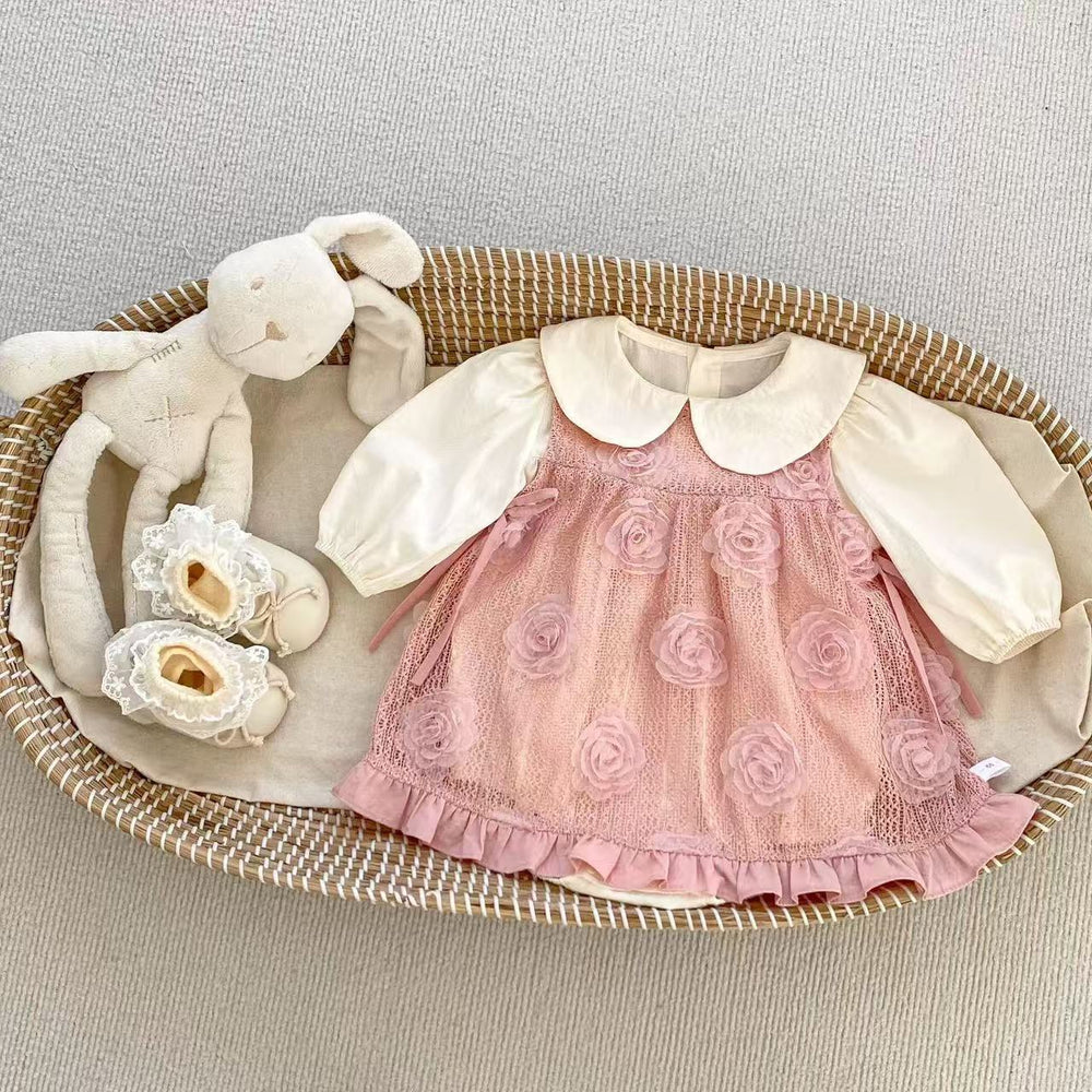 Newborn spring fashion set: rose floral romper dress, stylish princess outfit for baby girls, two-piece set