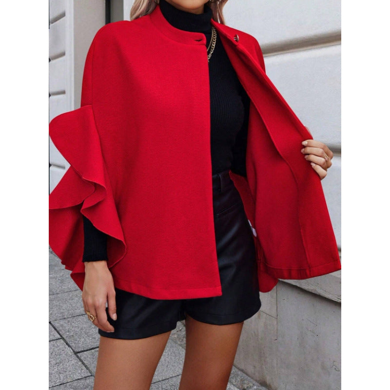 women's ruffle sleeve cape oversized coat - stand collar, single button, relaxed fit