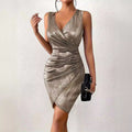 New arrival: sexy bodycon mini dress - fashionable v-neck, casual color block, solid color, metallic accents, and ruched detail