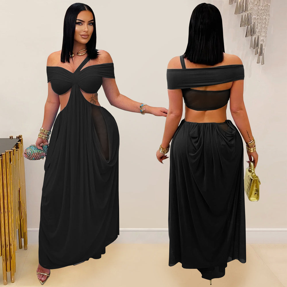 C7430 cross-border   fashion women's sexy bandeau bodycon see-through mesh dress