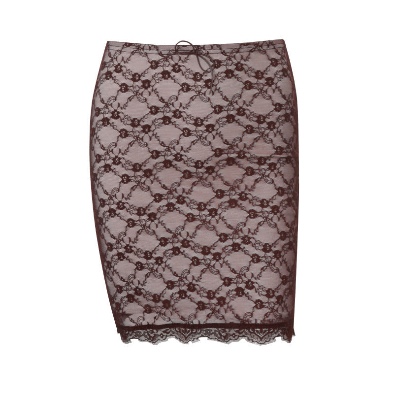 Amazon women's  summer new lace square neck tank top short sleeve sexy slim fit bodycon skirt set