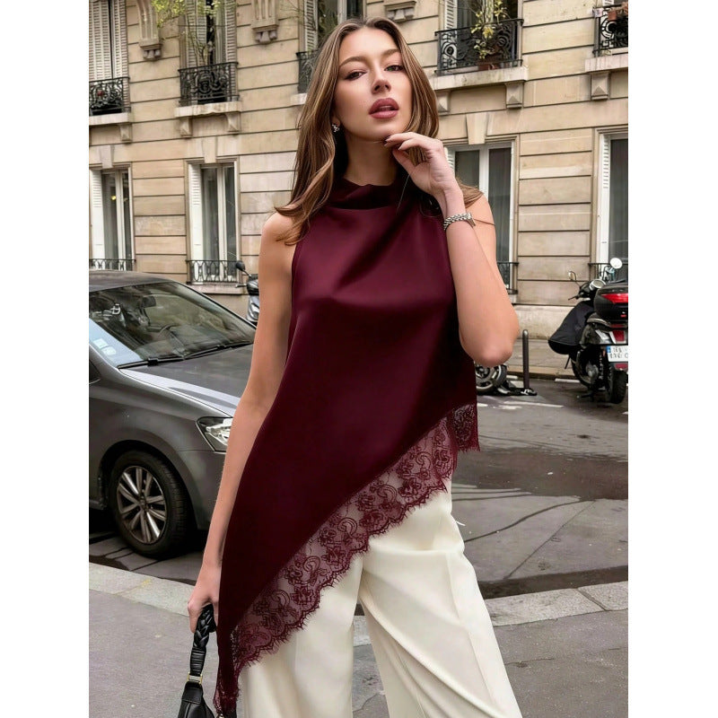 European and american cross-border new arrival: summer elegant slim-fit versatile sleeveless lace trim blouse for women