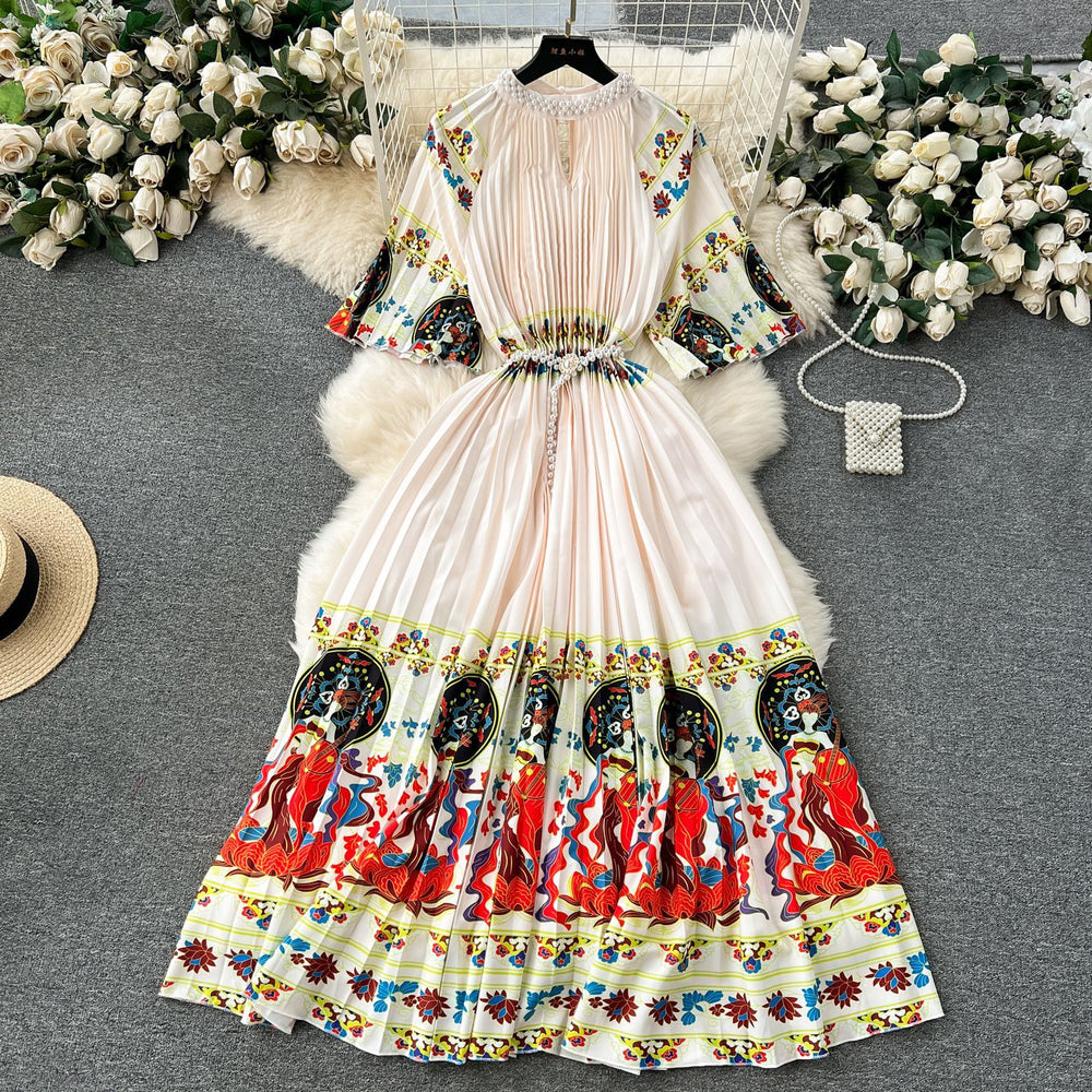 European style plus size women's high-end printed, heavily beaded, pleated long formal dress with pleated skirt - elegant women's dress