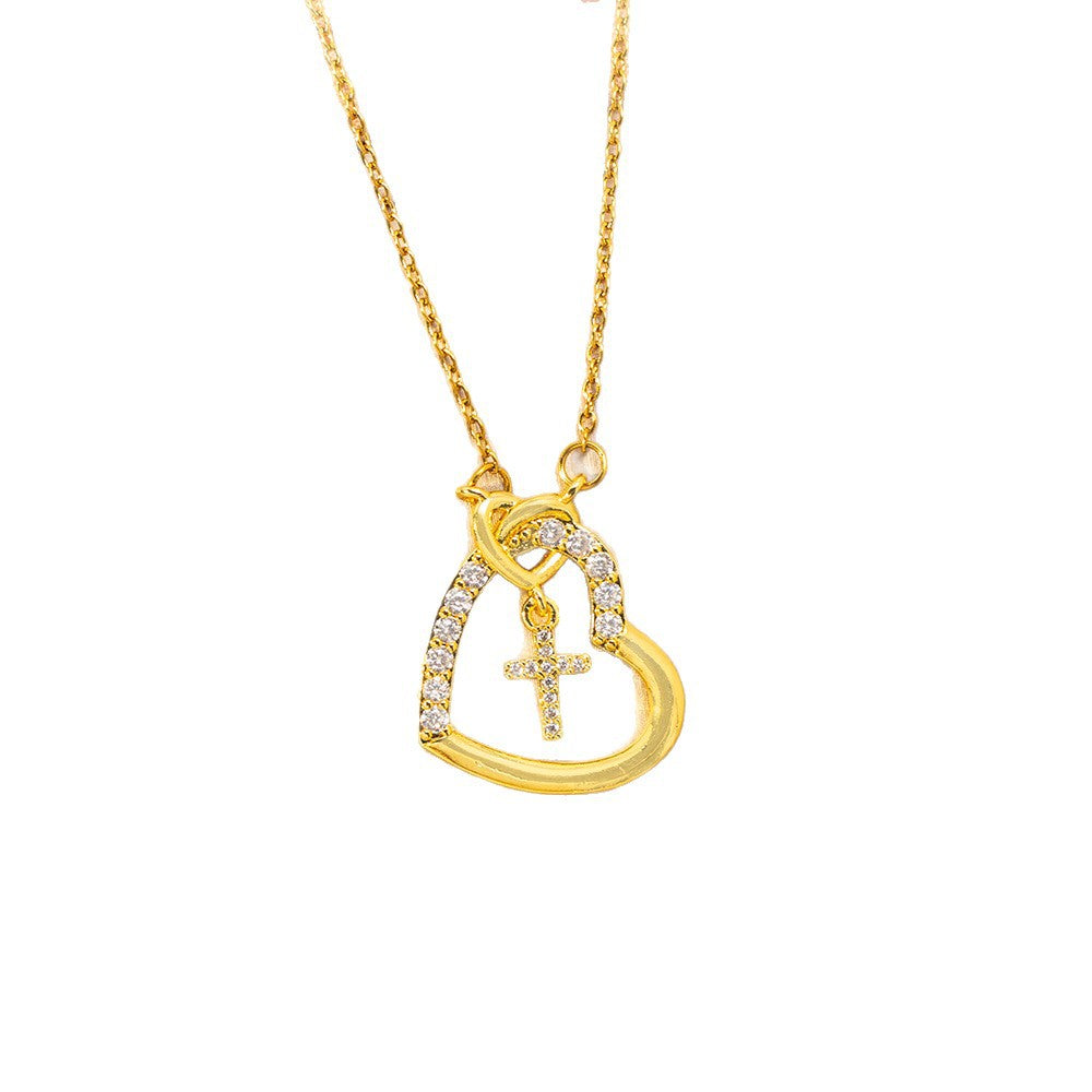 【titanium steel】trendy european and american bestseller: heart & cross necklace - women's fashionable, unique, high-end inlaid clavicle chain jewelry