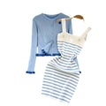 French-inspired knit set for women: winter striped camisole dress + ruffle trim cardigan