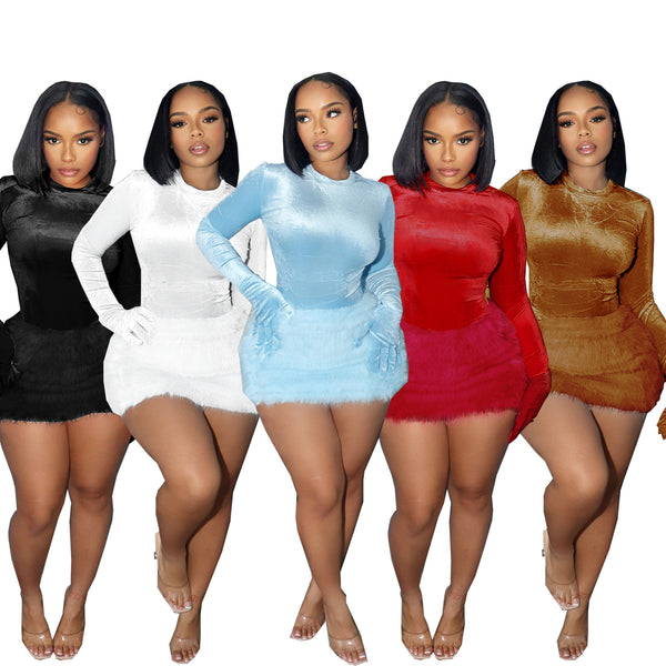 TW779  Independent Station European and American Women's Skirt Set Autumn and Winter Bodysuit Sexy Plush Skirt