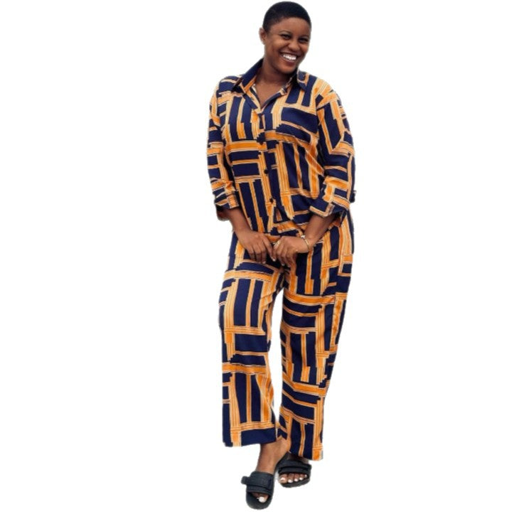 European and American large-size lapel-neck printed cardigan shirt loose casual wide-leg pants African women's clothing foreign fashion suit women
