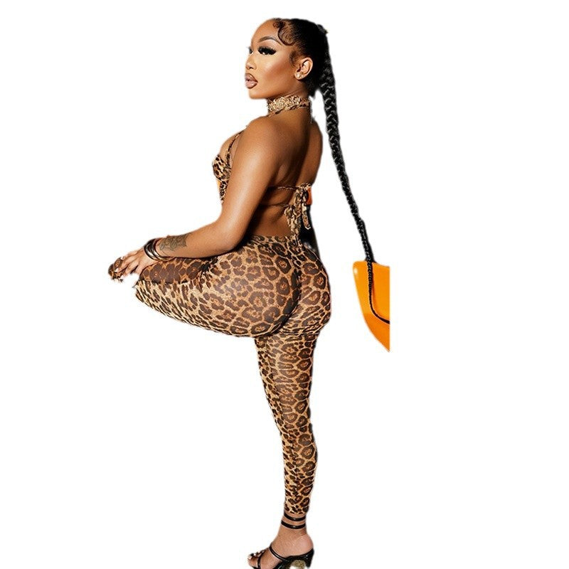European and american style ins foreign trade women's fashion leopard print set sexy bandeau cami top and pants two-piece suit