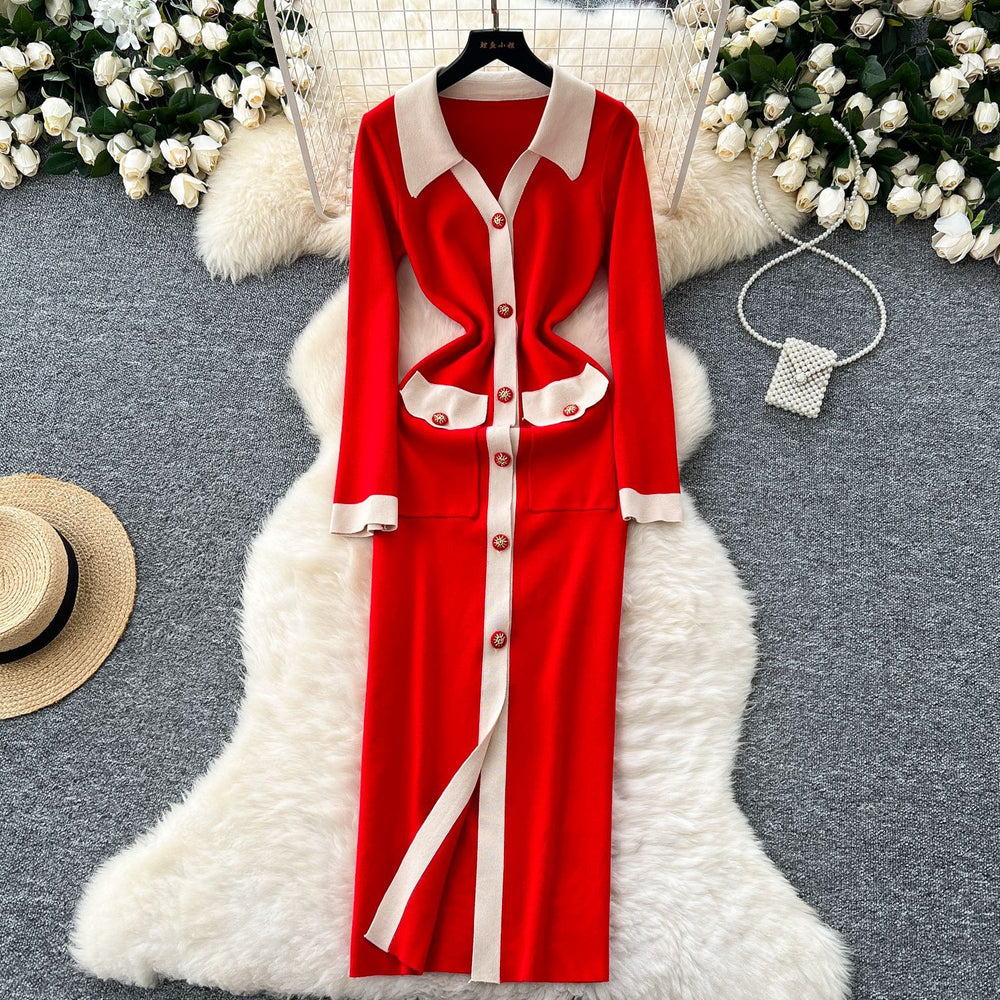 Export french tweed styleelegancecontrast color lapel buttons waist slim elegant slit over-the-knee knittingdress