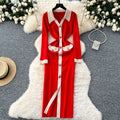 Export french tweed styleelegancecontrast color lapel buttons waist slim elegant slit over-the-knee knittingdress