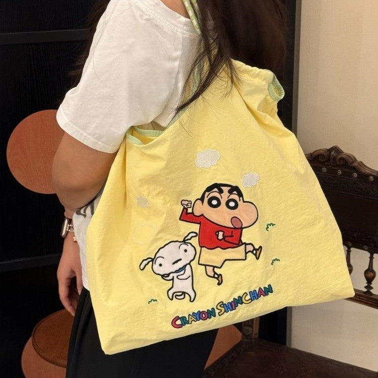 Summer new crayon shin-chan embroidered cartoon large capacity commuter eco-friendly shopping bag shoulder bag fashion tote bag