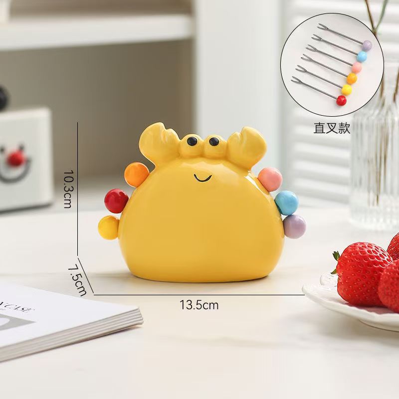 Crab stainless steel fruit fork set - stylish, safe ceramic forks for kids, dessert picks with storage jar - perfect for home use