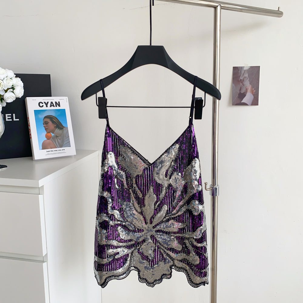 Accessible luxuryfashion style camisole women's summer heavy industry sequin mesh sense of design fried street hot girlpetitestops